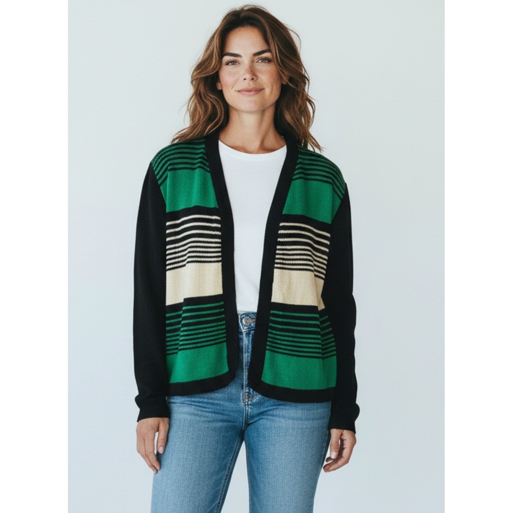 St John Cardigan Green M Santana Knit Striped Knit Open Front Designer